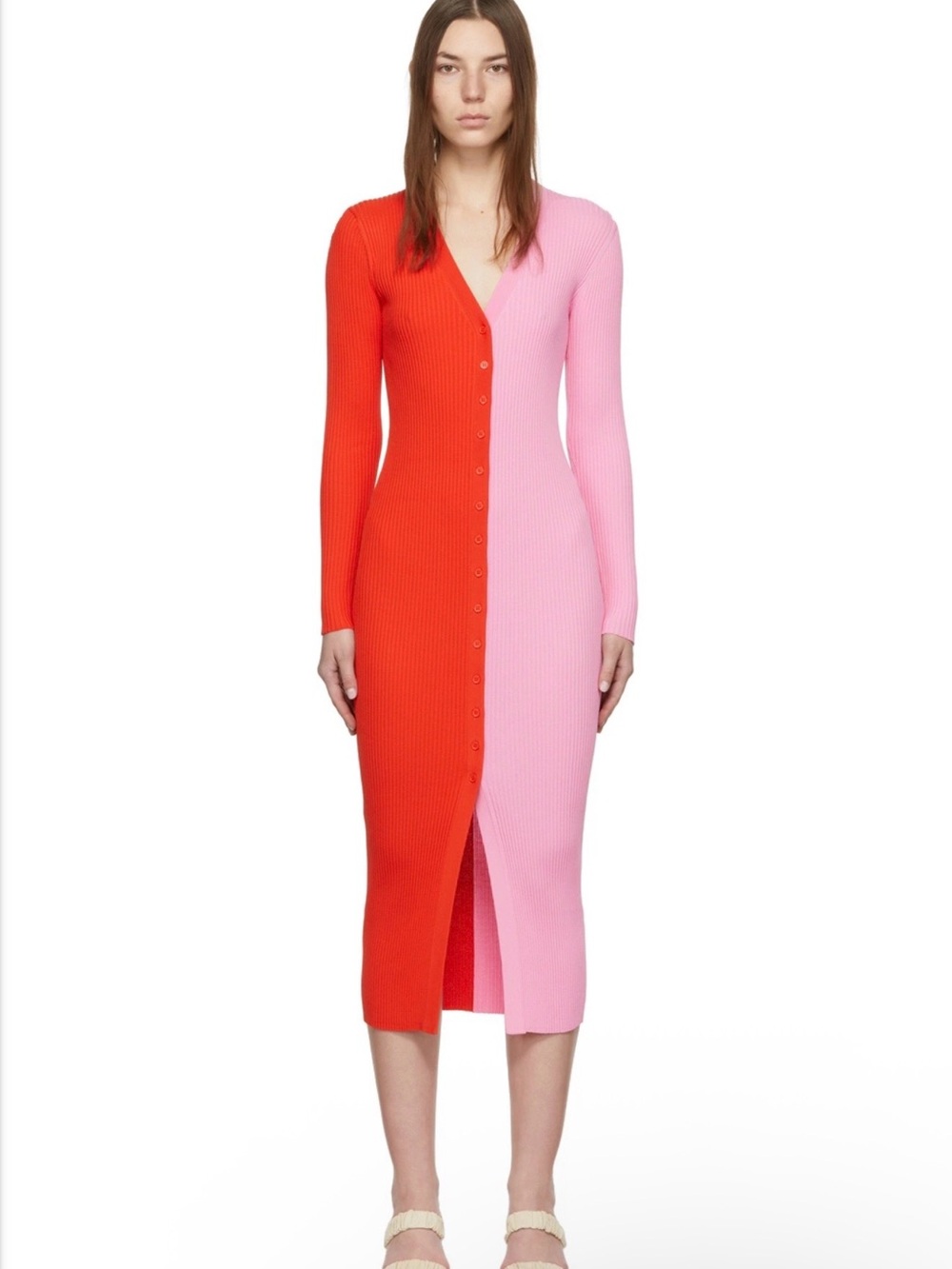 STAUD Shoko Two-Tone Pink and Red Ribbed Button-Front Midi Dress Medium